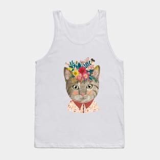 Grey Cat with Flower Crown. Animal lover art Tank Top